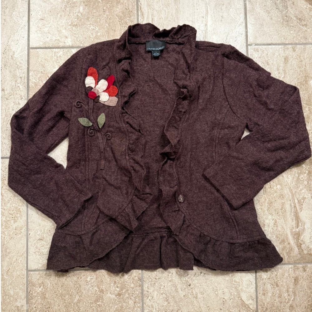 Cynthia Rowley Brown 100% Wool Ruffle Floral Applique Cardigan Sweater Large